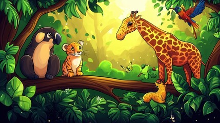 Naklejka premium Colorful jungle scene with a giraffe, tiger cub, parrot, and other animals interacting in lush greenery