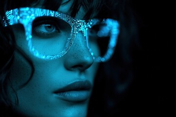 Close-up of a woman wearing glowing, futuristic glasses.
