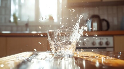 Sunlit kitchen scene with water splashing into a glass on a wooden table