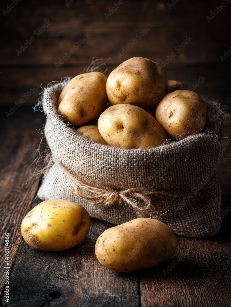 Aufkleber Freshly Harvested Potatoes in a Burlap Sack Placed on a Rustic Wooden Floor With Warm Lighting Creating a Cozy Atmosphere