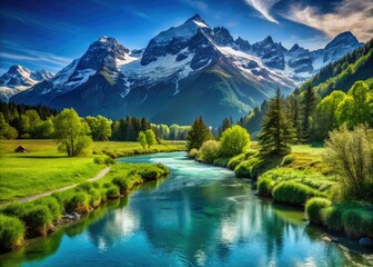 Fototapeta premium Serene River Valley Minimalist Photography: Snow-Capped Mountains, Lush Green Landscape, Vivid Blue Sky