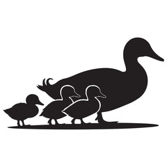 Black and silhouettes of a duck family with a duck Vector Black silhouette. with white background