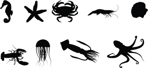Set of ocean animal silhouette illustration