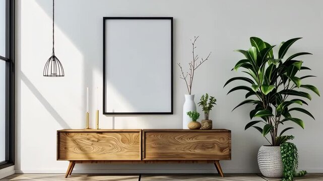 Empty poster frame mockup hanging on a white wall in a cozy living room with a wooden sideboard and a green plant, creating a warm and inviting atmosphere.