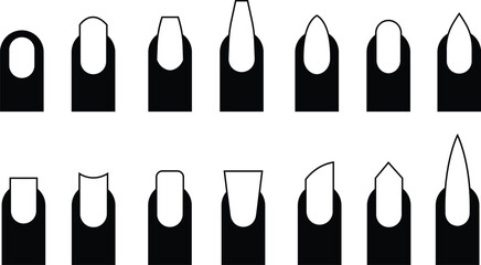 Natural fashion trend female nail manicure shapes flat icons set. Oval square lipstick Ballerina fingernail visual Styles swanky isolated on transparent background. Beauty spa salon woman symbols.