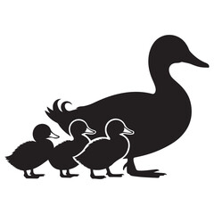 Black and silhouettes of a duck family with a duck Vector Black silhouette. with white background