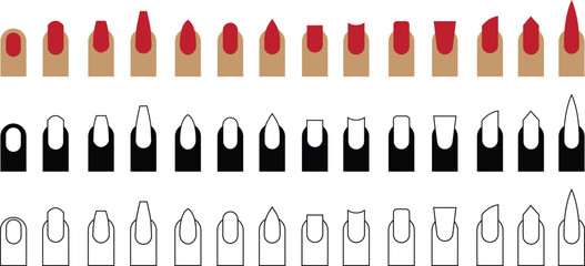 Natural fashion trend female nail manicure shapes flat, outline icons set. Oval square lipstick Ballerina fingernail visual Styles swanky isolated on transparent background. Beauty spa salon symbols.
