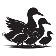 Black and silhouettes of a duck family with a duck Vector Black silhouette. with white background