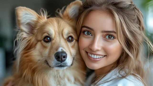 A tender portrait of a smiling woman sharing a heartwarming moment with her furry companion, capturing the unbreakable bond of friendship.
