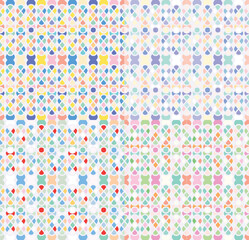 Seamless vintage vector wallpaper with colorful hearts, flowers, and polka dots