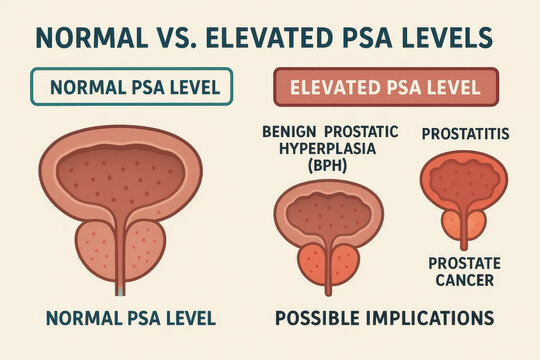 Normal prostate health illustration showing normal and elevated PSA levels with benign prostatic hyperplasia and prostatitis