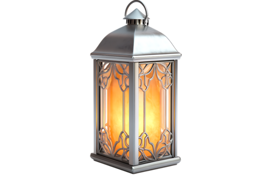 Elegant Silver Lantern with Warm Light on Transparent Background