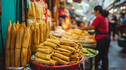 Fototapeta premium A street vendor selling Tamales to travelers at a busy Mexican market (3)