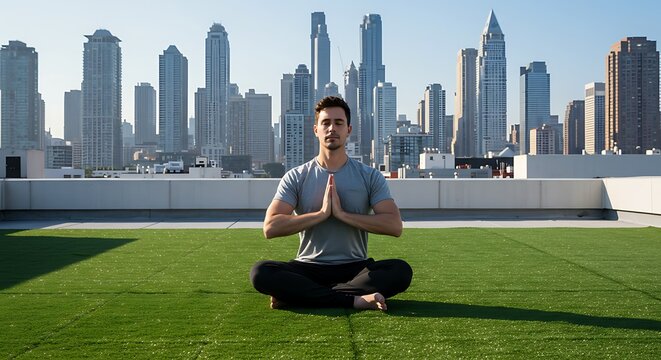Man Meditating on Rooftop with City Skyline View