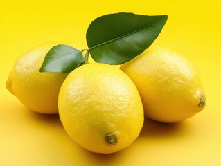 Three Lemons Still Life Close Up Studio Shot on Yellow Background Citrus Fruit Fresh Produce Ingredient