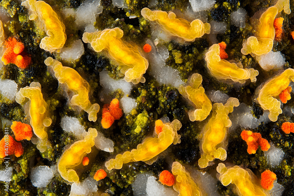 Poster microscopic view of vibrant yellow and orange organisms thriving in a rich, dark substrate. intricat