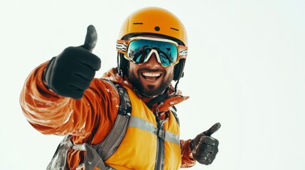 a man with yellow helmet and a vest with thumbs up, white background,