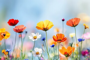 Obraz premium Colorful wildflowers bloom vibrantly under a clear blue sky in natural sunlight