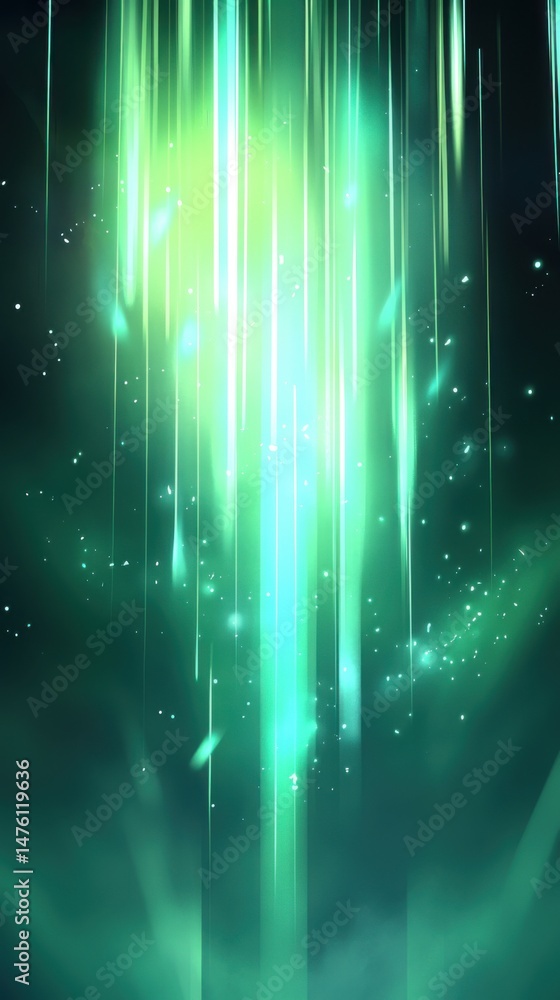 Poster abstract green light streaks and particles background vertical composition graphic design element