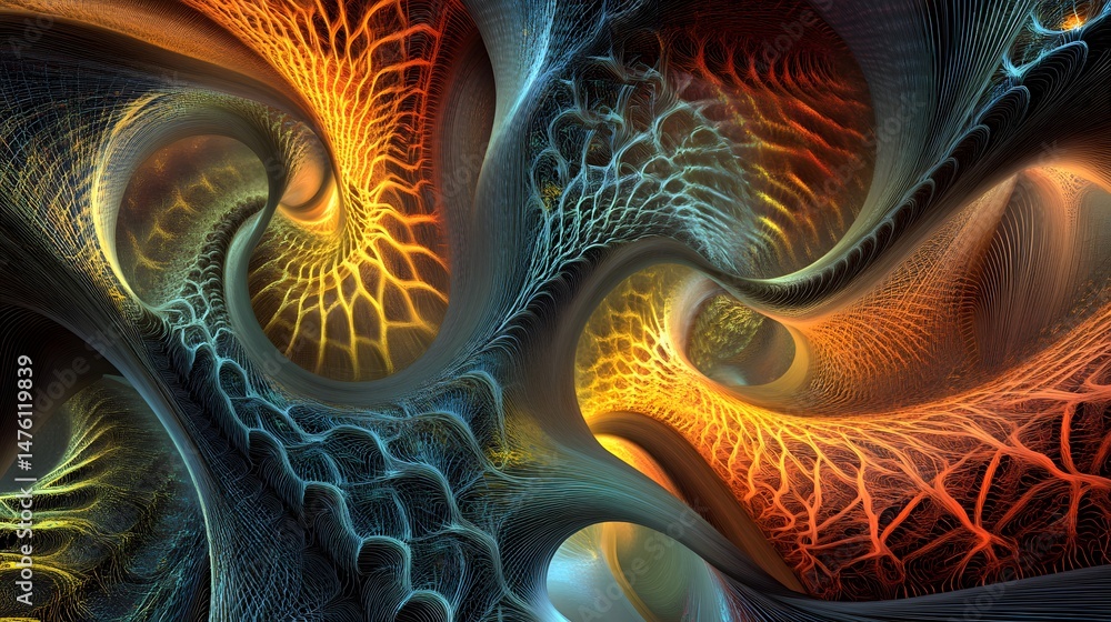 Poster abstract design with swirling patterns and vibrant hues.
