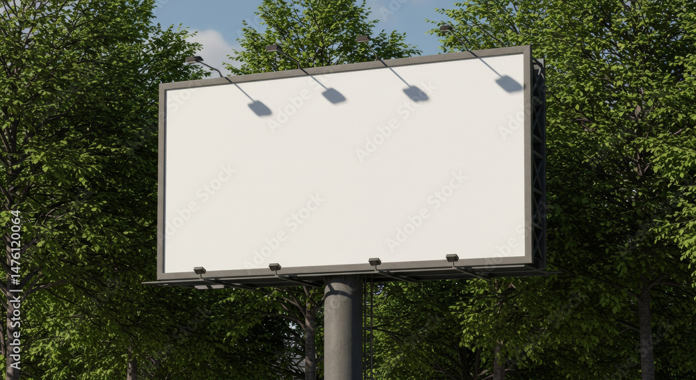 Poster blank billboard surrounded by lush greenery in a park setting. empty billboard with no advertisement