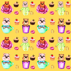 Cute bears with cupcakes and flowers on mustard background. Watercolor hand painted seamless pattern for kids.