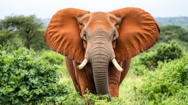 Large elephant stands proudly among lush greenery in a wildlife habitat during daylight hours in a serene landscape