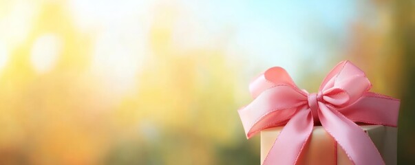 Gift box with a pink ribbon in a soft, out-of-focus background