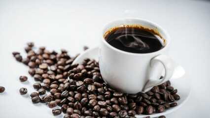 Fototapeta premium A cup of steaming coffee surrounded by coffee beans 