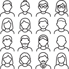 User Avatar Line Icon Set 16 Minimal UI Profile Vector Illustrations.