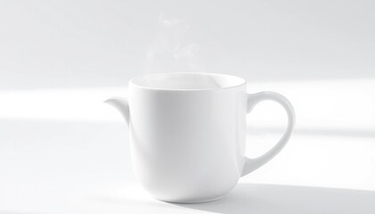 Obraz premium Minimalist white mug with steam on bright backdrop for beverage and refreshment concepts