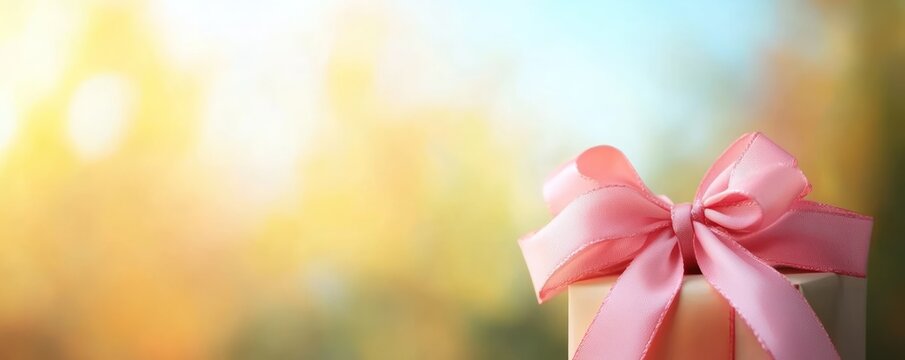 Gift box with a pink ribbon in a soft, out-of-focus background