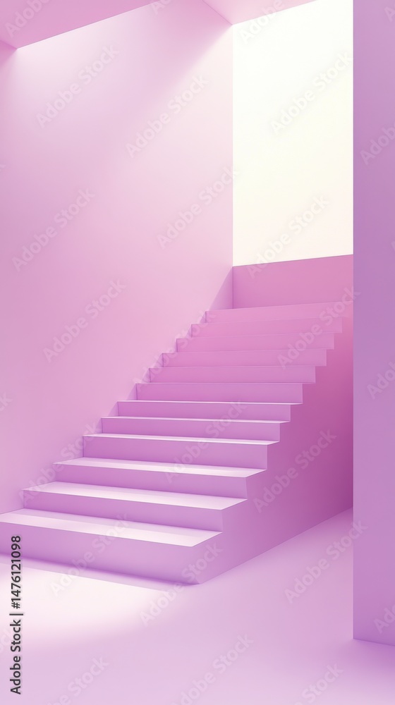 Poster ascending staircase in minimalist style with pastel pink color palette and bright light source for a