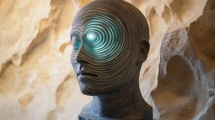 Composed of intricate, ever-flowing radio signals, the figure pulses with divine chakra energy, immersed in a boundless ocean of iridescent geological waves.