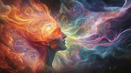 Composed of intricate, ever-flowing radio signals, the figure pulses with divine chakra energy, immersed in a boundless ocean of iridescent geological waves.