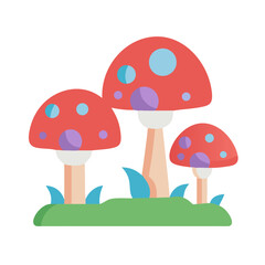 Flat illustration of three toadstool mushrooms on a grassy patch