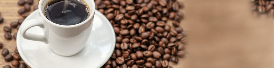 Fototapeta premium A cup of steaming coffee surrounded by coffee beans 