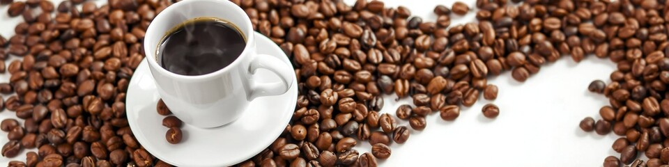 A cup of steaming coffee surrounded by coffee beans 