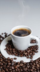 Obraz premium A cup of steaming coffee surrounded by coffee beans 