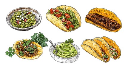 Hand-drawn illustration of various taco dishes.