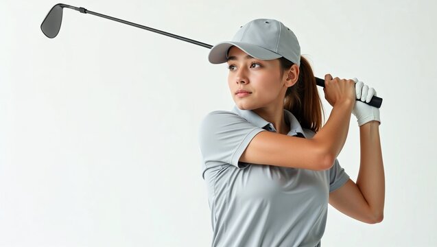 Focused Female Golfer Mid-Swing in Grey Performance Polo – Studio Portrait, Clean White Background, 8K Ultra HD Photorealistic Sportswear Image