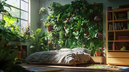 Lush, green indoor garden bedroom scene.