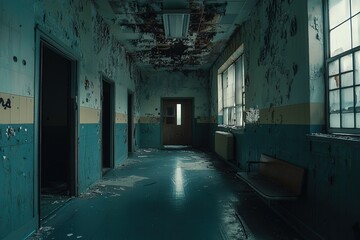 Abandoned psychiatric hospital interior slung derelict forsaken outcast
