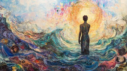 Composed of intricate, ever-flowing radio signals, the figure pulses with divine chakra energy, immersed in a boundless ocean of iridescent geological waves.