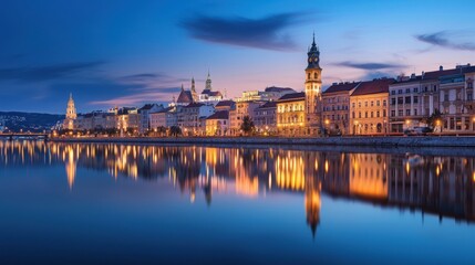 Naklejka premium Breathtaking View of European City Skyline at Dusk with Reflections on Water