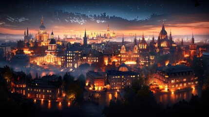 Naklejka premium Stunning Artistic Panoramic View of European Cityscape at Dusk with Illuminated Buildings