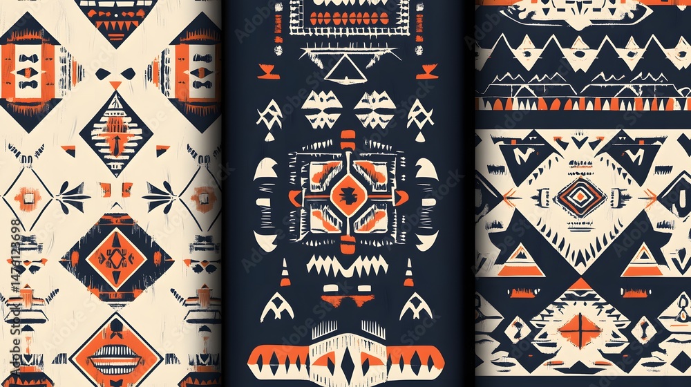 Poster geometric tribal patterns displayed in three vertical panels.