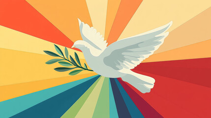 Obraz premium Flat-style vector of a white dove with olive branch on a colorful backdrop illustrates anti-war and peace concepts