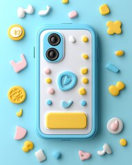 A stylized phone case with colorful textured shapes and a blue background