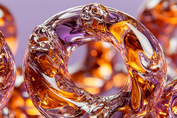Abstract close-up of swirling, vibrant orange and purple liquid forming intricate, ring-like structures.  Perfect for design, technology, or science themes.